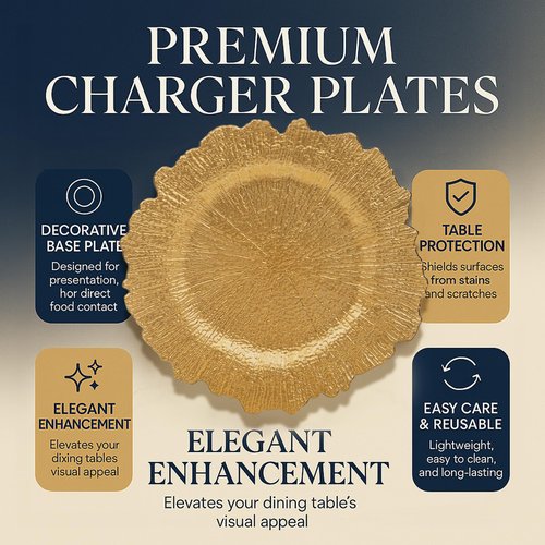 JEVERGN 24 Pack Gold Charger Plates, 13'' Reef Chargers for Dinner Plates, Gold Plate Chargers Set of 24, Round Plastic Charger for Wedding, Party Event, Dinner, Table Setting