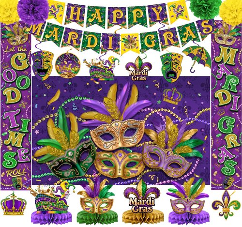 Mardi Gras Decorations Include Backdrop, Banner, Hanging Swirls, Porch Sign, Paper Pompoms, Honeycomb Centerpieces for Indoor/Outdoor Front Door Home Masquerade Party