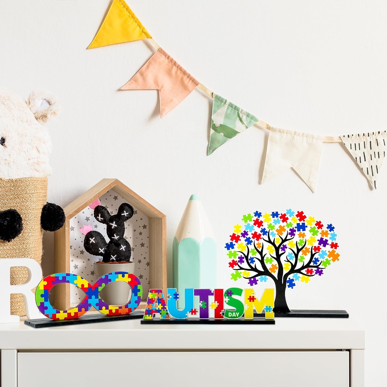 Skiennix Autism Awareness Wood Tiered Tray Centerpieces - 6Pcs Puzzle Pieces Letter Decor for Inspirational Desk & Shelf