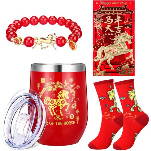 Skylety Chinese New Year 2026 Gifts Set Year of the Horse 2026 Gift with Tumbler Socks Red Envelope and Bracelets for Chinese New Years 2026 Men and Women Festive Gifts (Horse)