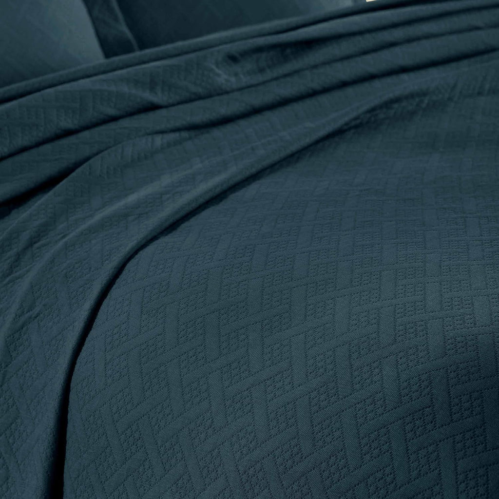 Superior Basketweave Cotton 2 Piece Bedspread Set, Home Bed Decor, Decorative Textured Bed Spread, 1 Pillow Sham, Airy Blanket, Matelasse Coverlet Bedding, Lattice Pattern, Twin, Deep Sea