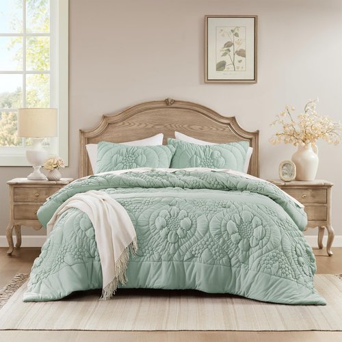 Madison Park Floral Jersey Comforter Set, Puffy Cloud Twin Size Comforters Crinkled Farmhouse Rustic Shabby Chic Bedding Set, Ultra-Soft All Season Down Alternative, Sage Green 2-Piece