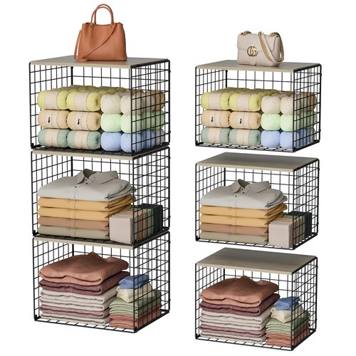 Extra-Long Closet Organizers and Storage with Top Board, 3 Pack Stackable Closet Shelf Organizer, Double Storage Design Clothes Storage Cube/Bin Organizer for Wardrobe,Space-Saving, Black,Sturdy,Metal