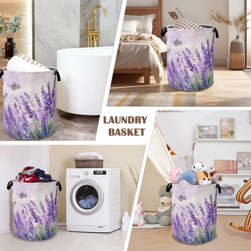 Laundry Hamper,Purple Lavender Laundry Basket,Butterfly Waterproof Oxford Cloth Storage Basket with Handle for Clothes Books Nursery Home Storage Sundries 16"x20"