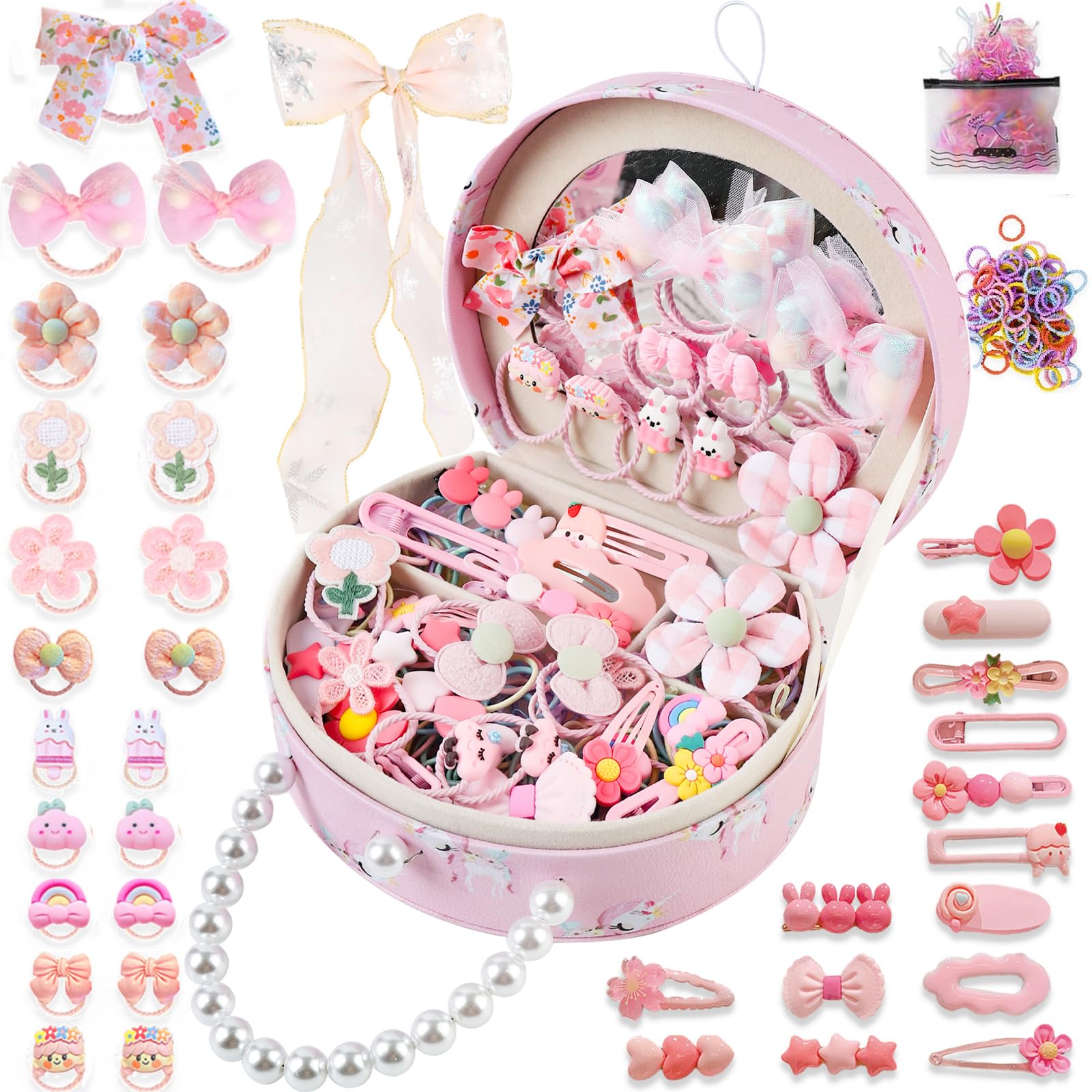 velachuan Princess Jewelry Box for Girls with Hair Accessories,Girls Hair Clips Bows Set, Fashion Hair Styling Kit with Mirror,Pink Sparkle Trinket Box Includes Hair Clips (Ribbon)