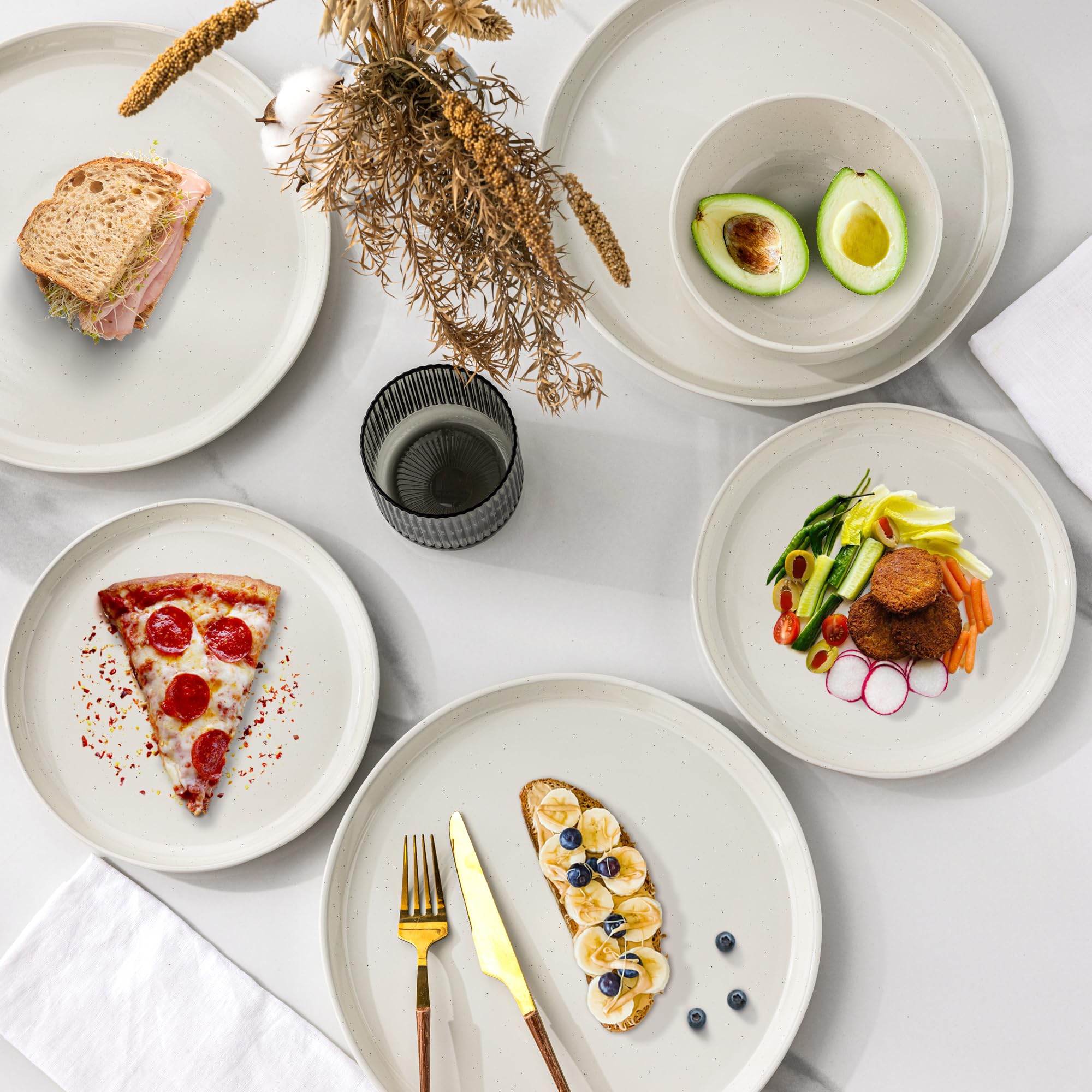 GBHOME 12-Piece Stoneware Dinnerware Set for 4 – Ribbed Ceramic Plates and Bowls, Scratch-Resistant, Microwave & Dishwasher Safe, Reactive Glaze