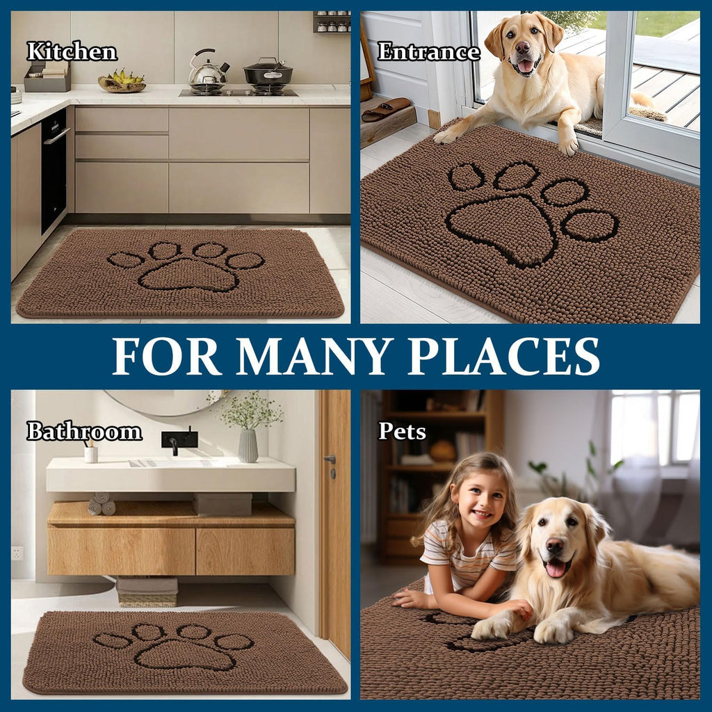 OLANLY Dog Door Mat - Absorbent Non-Slip Chenille Mat for Muddy Paws | 36x24 Mocha Paw Print Design