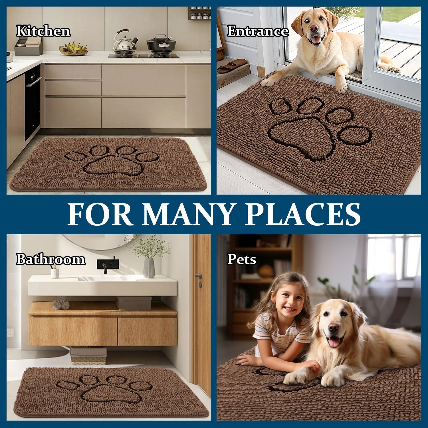 OLANLY Dog Door Mat - Absorbent Non-Slip Chenille Mat for Muddy Paws | 36x24 Mocha Paw Print Design
