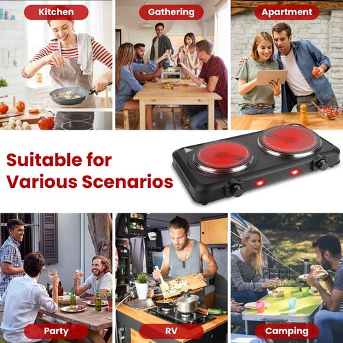 Zorpupoa Infrared Double Burner, 2000W Electric Hot Plate, Portable Heating Cooking Stove, Countertop Burner with 7.5” & 6.3” Glass Plate Electric Cooktop with Stepless Temperature Adjustments