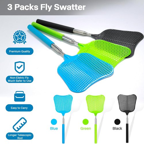Begonia Telescopic Fly Swatter - Heavy Duty Manual Plastic with Stainless Steel Handle | 3 Pack