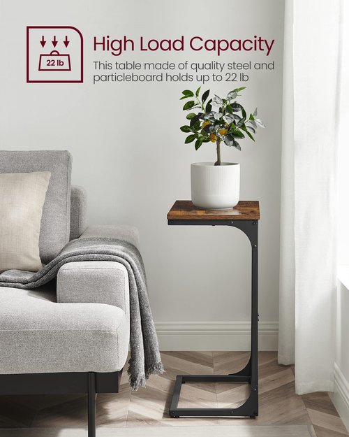 VASAGLE C-Shaped End Table, Side Table for Sofa, Couch Table with Metal Frame, Small TV Tray Table for Living Room, Bedroom, Rustic Brown and Black ULET353B01