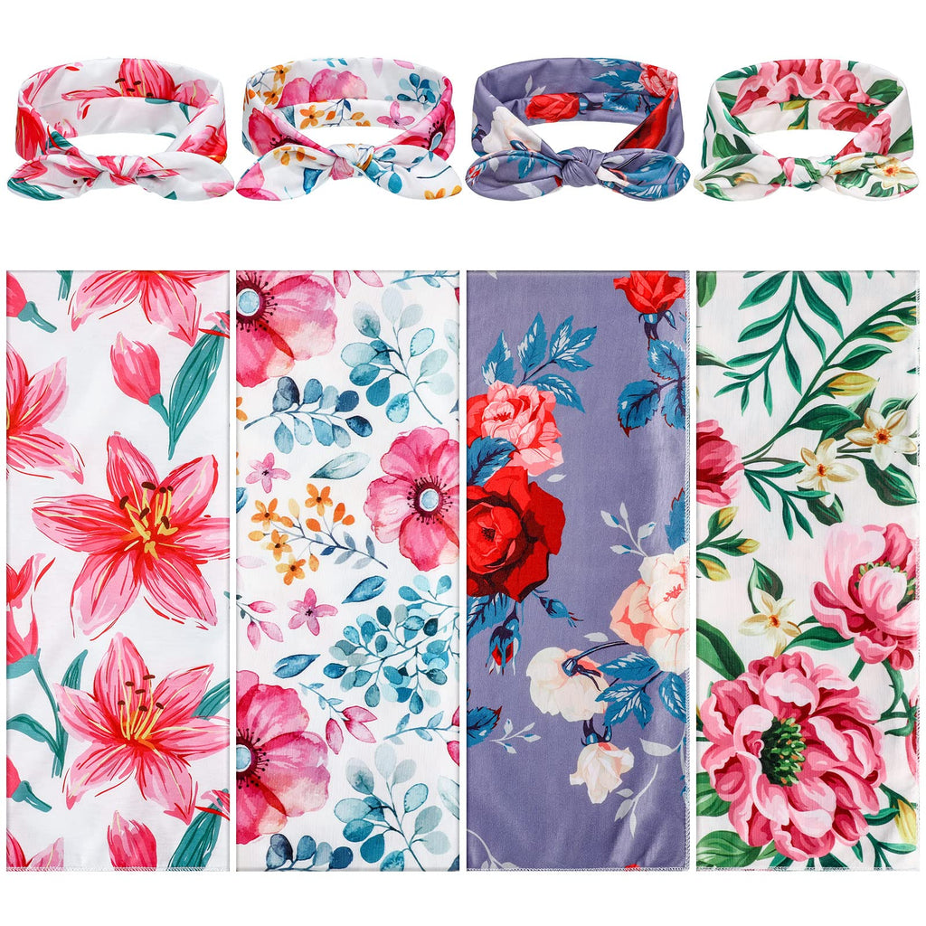 Moukeren 4 Sets Newborn Receiving Blanket Headband Set Baby Flower Swaddle Infant Sleepsack Nursery Blankets for Warm Shower Gifts, 4 Design