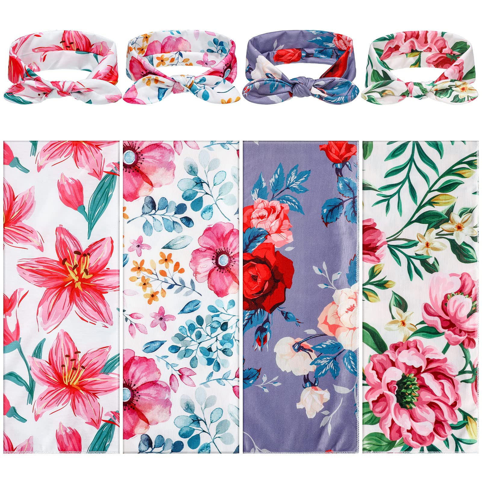 Moukeren 4 Sets Newborn Receiving Blanket Headband Set Baby Flower Swaddle Infant Sleepsack Nursery Blankets for Warm Shower Gifts, 4 Design