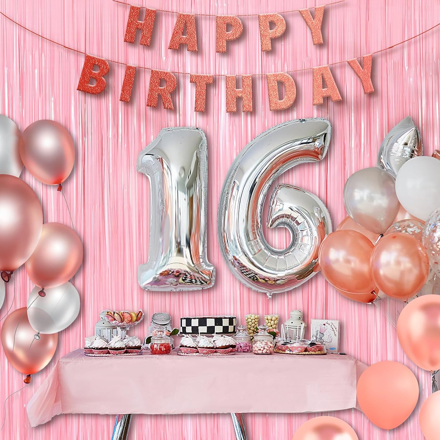 Skiennix Pastel Pink Metallic Tinsel Foil Fringe Curtains - 2 Pack 3.3x8.3 Feet Backdrop for Events