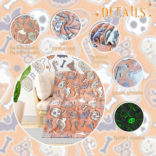 Halloween Blanket Gifts for Kids Adults - Glow in The Dark Halloween Throw Blanket with Spooky Pumpkin Bat Ghost Spider Print, Soft Cozy Orange Fall Fleece Throws for Couch Bed Home Decor 50"x60"