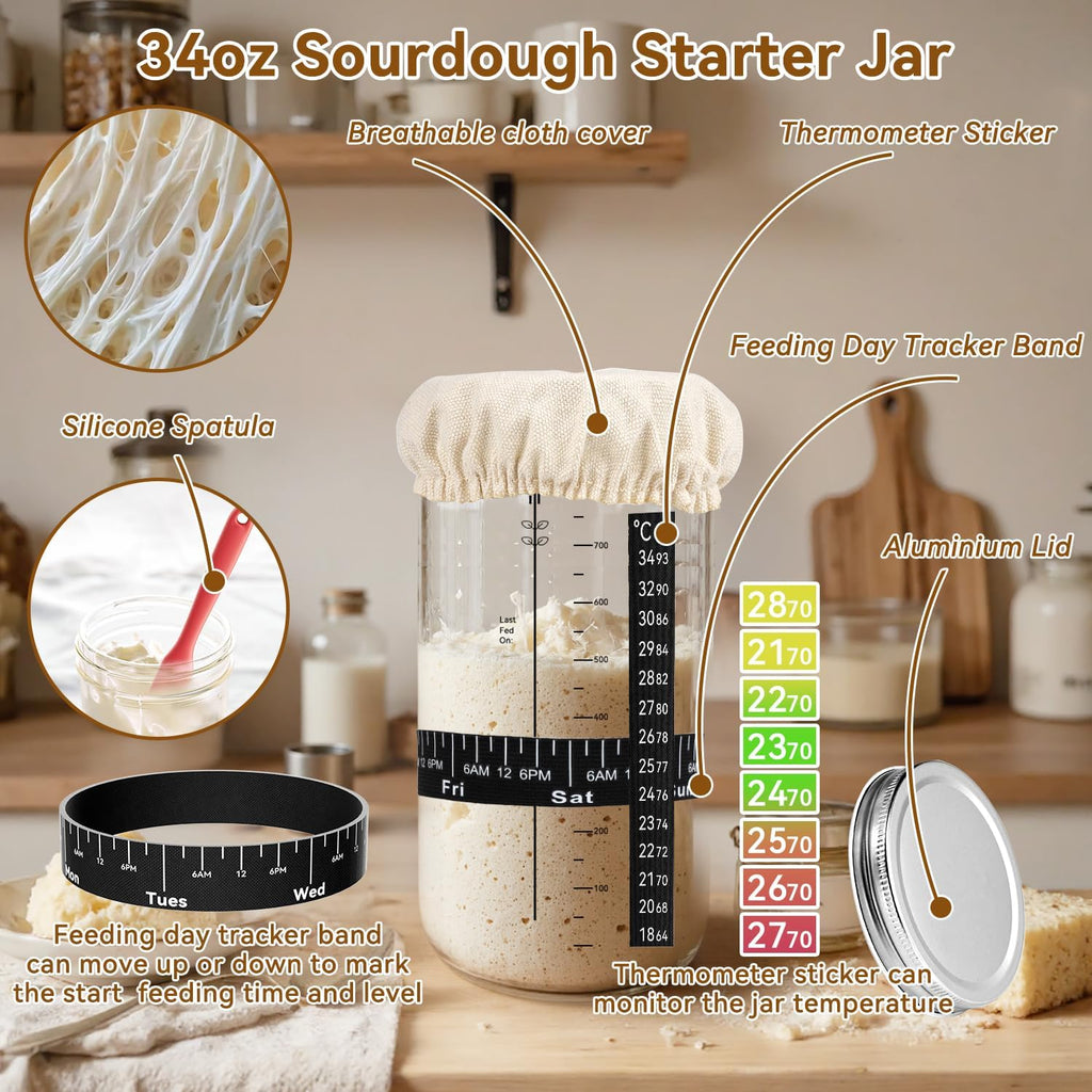 Skiennix Sourdough Starter Kit - 24 PCS Baking Supplies with 34oz Jar & Silicone Banneton (Yellow)