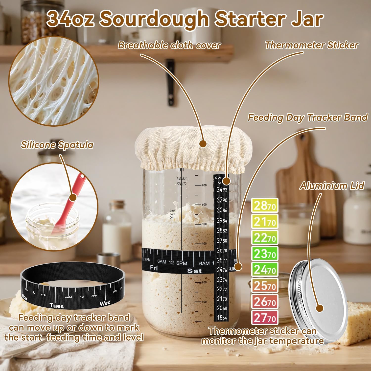 Skiennix Sourdough Starter Kit - 24 PCS Baking Supplies with 34oz Jar & Silicone Banneton (Yellow)