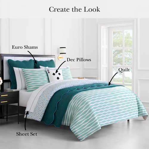 Kate Spade New York Rhythmic Geo Twin Comforter Set, 300 Thread Count Cotton Sateen Reversible Cover, All Season 2 Piece Bedding, Machine Washable, Blue Aqua Tourmaline