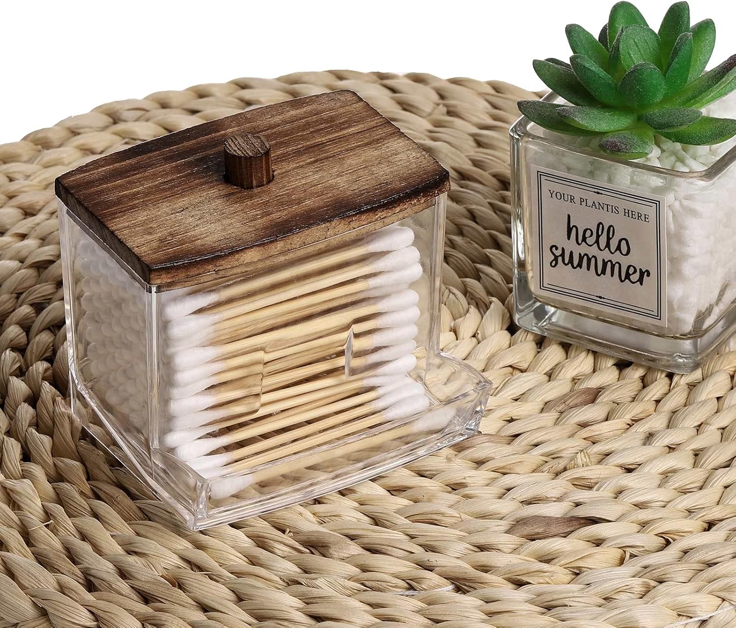 Tbestmax Cotton Swab Holder - Stylish Brown Wood Lid Apothecary Jar for Qtip Storage - 7 OZ