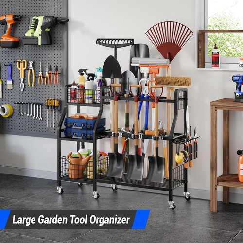 Keomaisyto Garden Tool Organizer - Heavy Duty Metal Storage with 6 Wheels & 2 Baskets | Perfect for Garage, Shed, or Yard