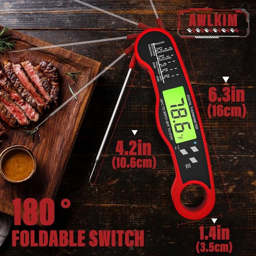 AWLKIM Digital Meat Thermometer - Instant Read Waterproof Cooking Thermometer with Backlight - Red