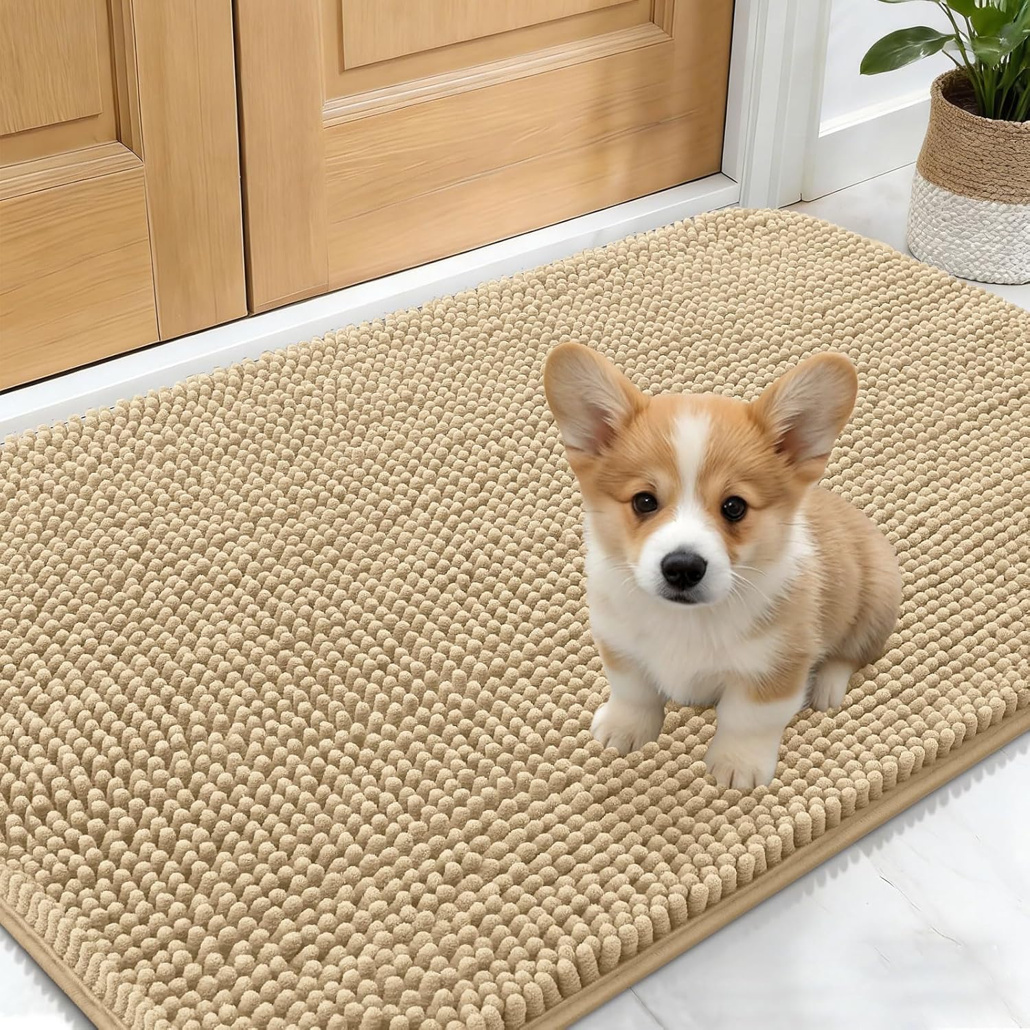 OLANLY Dog Door Mat - Absorbent Non-Slip Washable Chenille Mat for Muddy Paws | 30x17 Inches, Beige