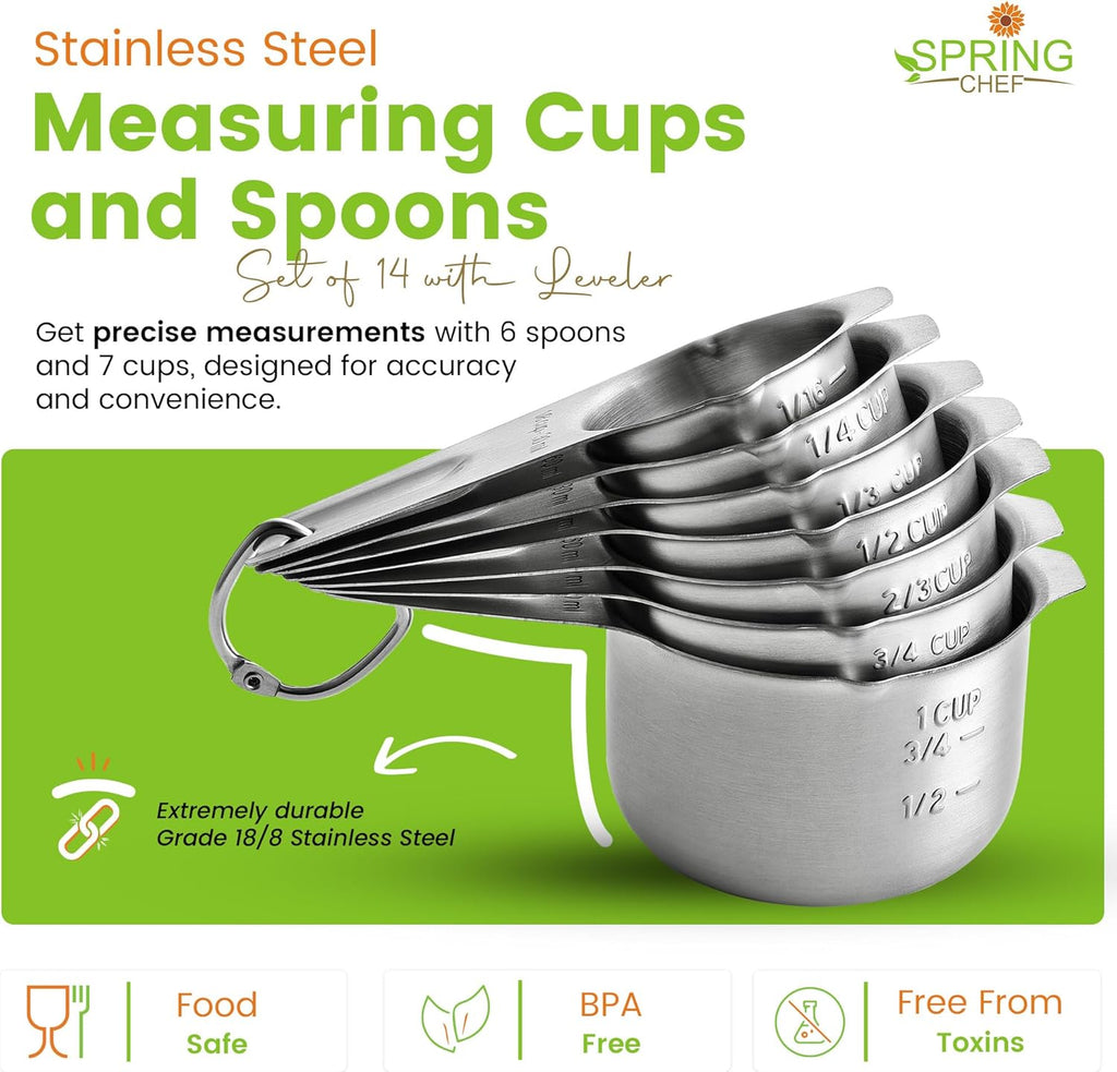 Spring Chef Stainless Steel Measuring Cups & Spoons Set - 14-Piece Nesting Kitchen Tools for Accurate Cooking & Baking
