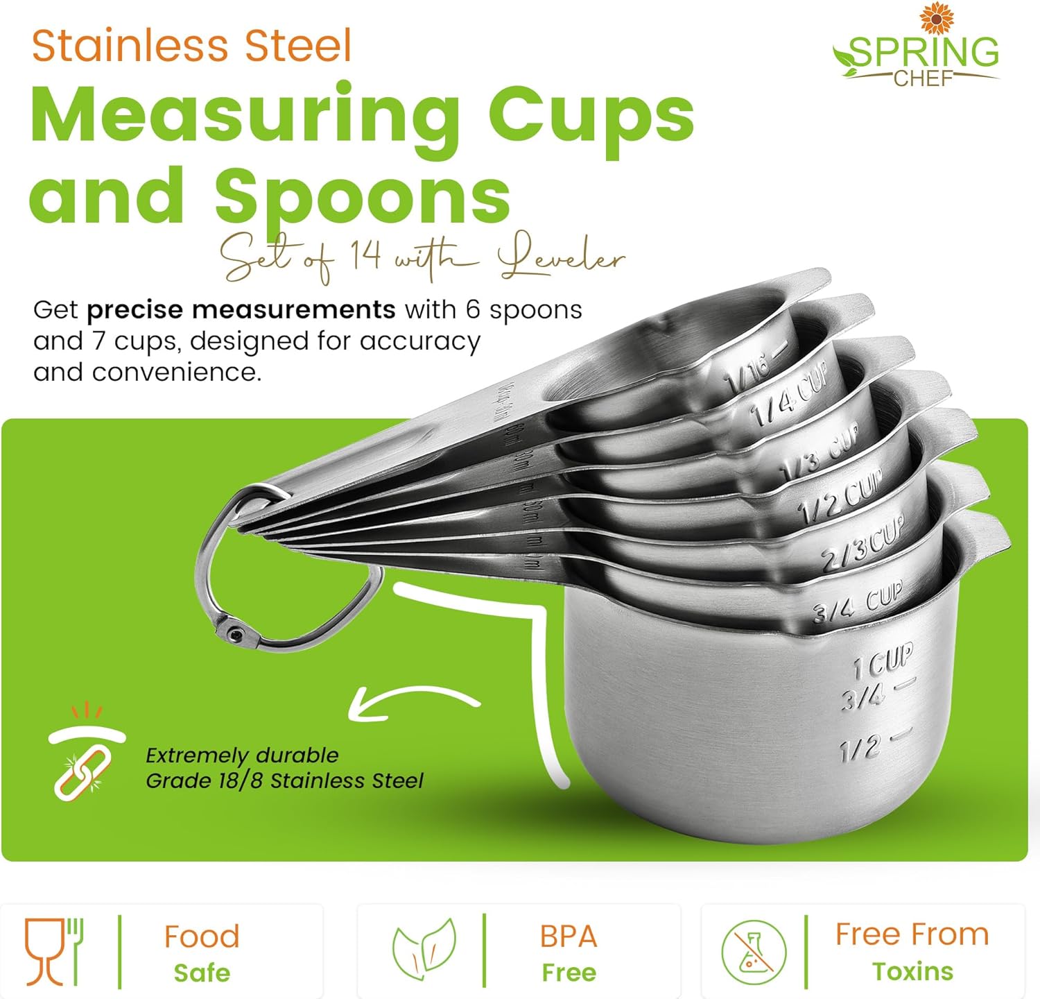 Spring Chef Stainless Steel Measuring Cups & Spoons Set - 14-Piece Nesting Kitchen Tools for Accurate Cooking & Baking