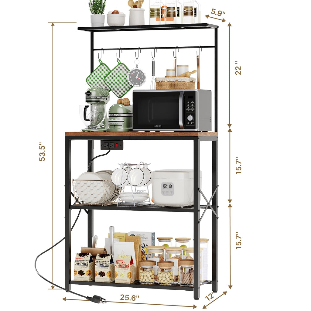 Txecpro kitchen Bakers Rack with Power Outlet, Coffee Bar Table 4 Tiers, Microwave Stand with 6 S-shaped Hooks, Kitchen Storage Shelf Rack for Spices, Pots and Pans，25.6" L x 12" W x 53.5" H