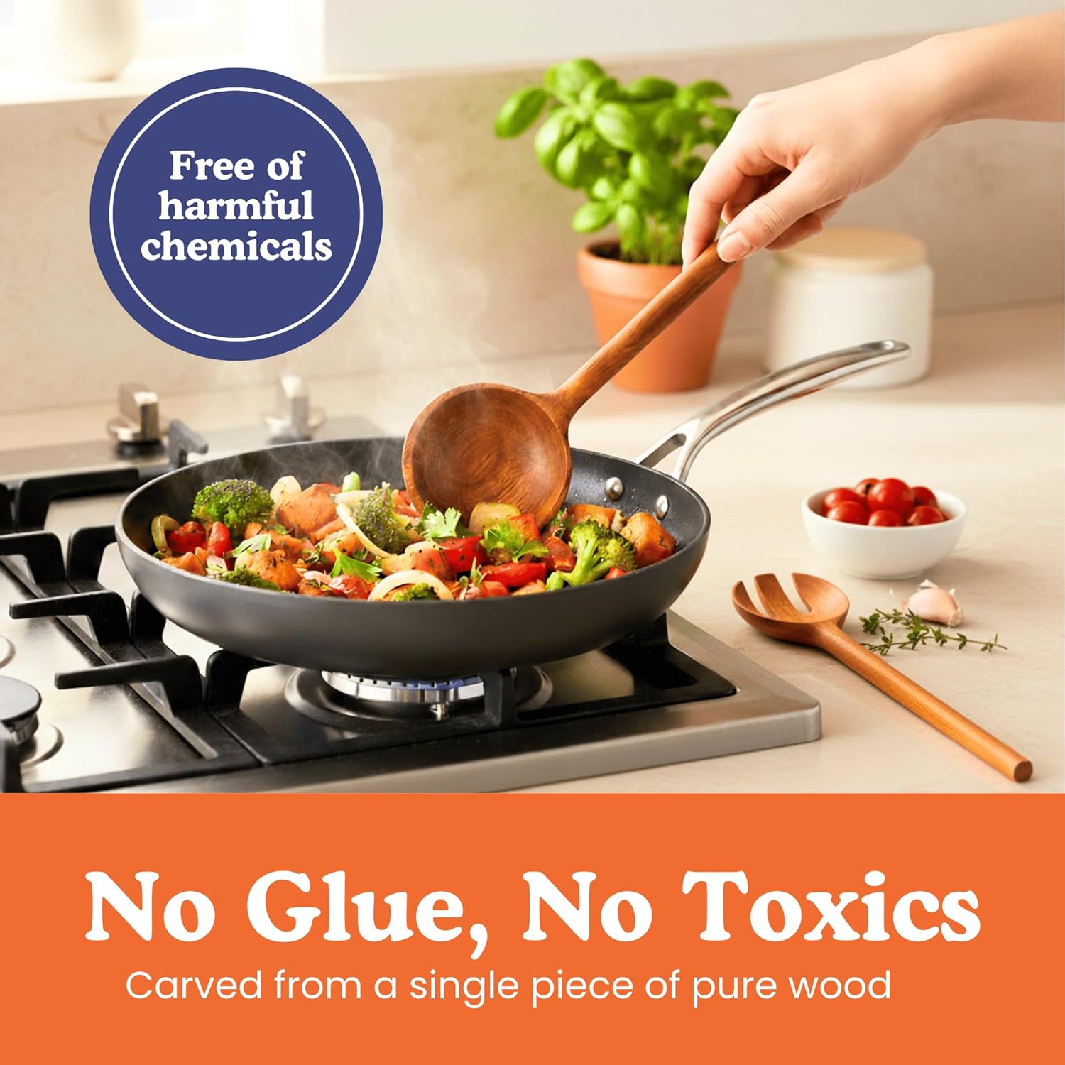 Non-Toxic Cooking Utensils | 6-Piece Wooden Utensil Set - Glue-Free, Natural Finish, Eco-Friendly