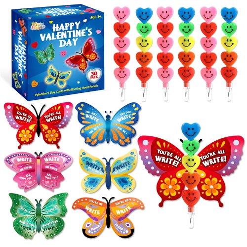 SpringFlower 30 Pack Valentines Day Cards for Kids School with Stacking Heart Pencils, Valentines Day Gifts Exchange for Kids Boys Girls, Valentines Party Favors Prizes Set for Kids