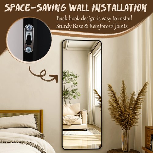 XRAMFY 56"x21" Floor Full Length Mirror Standing Full Body Rounded Corner Rectangle Mirrors with Stand Hanging Wall Mounted Leaning Bedroom Living Room Bedroom Cloakroom,Black