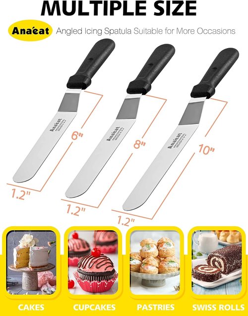 Anaeat Icing Spatulas - Set of 3 Professional Angled Offset Cake Spatulas | Stainless Steel Blades (6", 8", 10") for Perfect Frosting and Baking