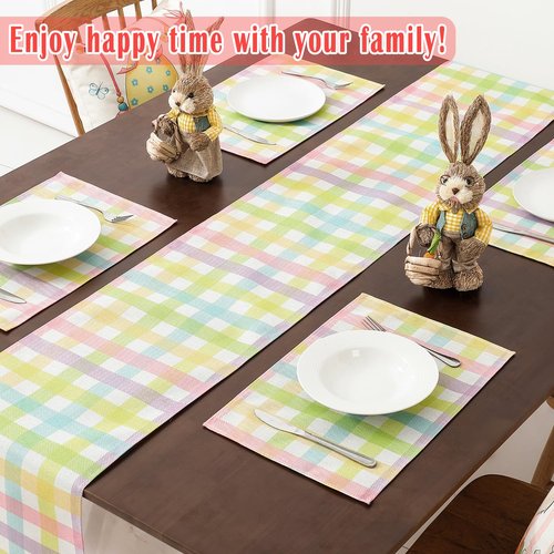 multiwins Easter Table Runner (13"x72") with 4 Placemats (12"x18") & 4 Gift Bags, Thick Fabric Pastel Buffalo Plaid Easter Decorations for Farmhouse Kitchen Dining Room Spring Party