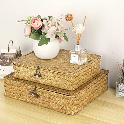 Hipiwe Wicker Storage Bins - Set of 2 Natural Seagrass Baskets with Lids | Multipurpose Home Organizer in Caramel