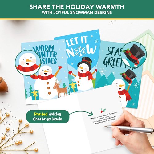 Decorably 16-Pack Snowman Kids Christmas Cards - 5x7in Holiday Designs with Envelopes & Stickers