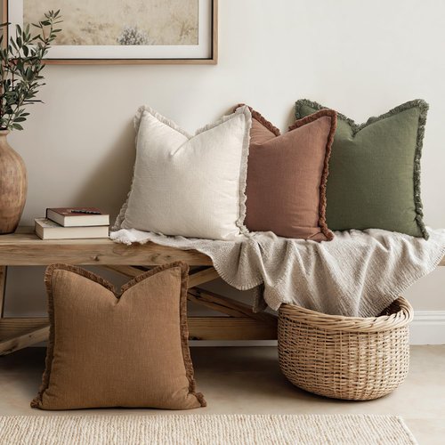 MIULEE Decorative Couch Pillow Covers Neutral Linen Fringe Throw Pillows Set of 4 Soft Rustic Cushions Boho Farmhouse Pillowcases for Bed Sofa Living Room Spring Decor 18x18 Inch Beige/Brown/Green