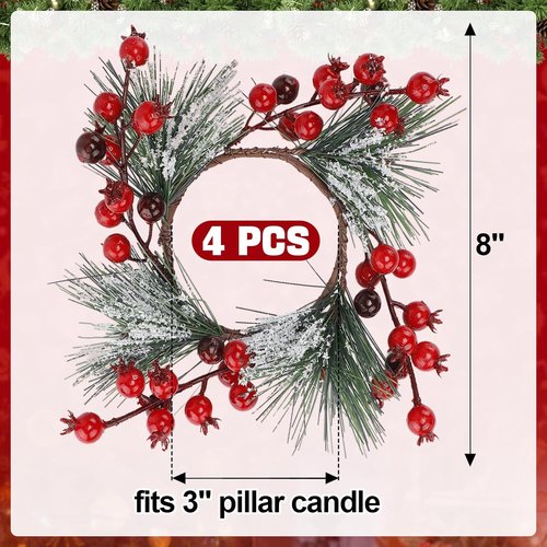 Christmas Candle Rings - Decorative Wreath Garland for 3" Pillar Candles | Red Berry Accents for Holiday Centerpieces