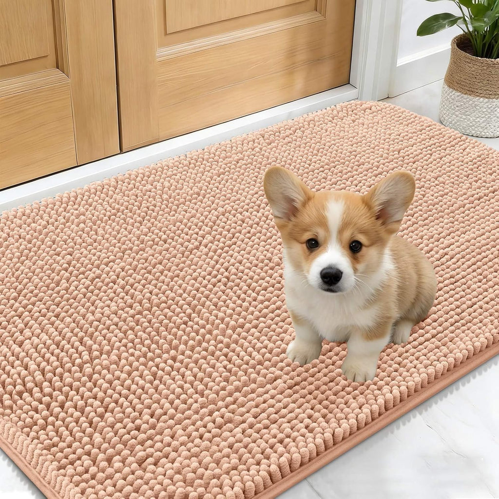 OLANLY Dog Door Mat - Absorbent Non-Slip Chenille for Muddy Paws | 30x17 Peach Indoor Entryway Carpet