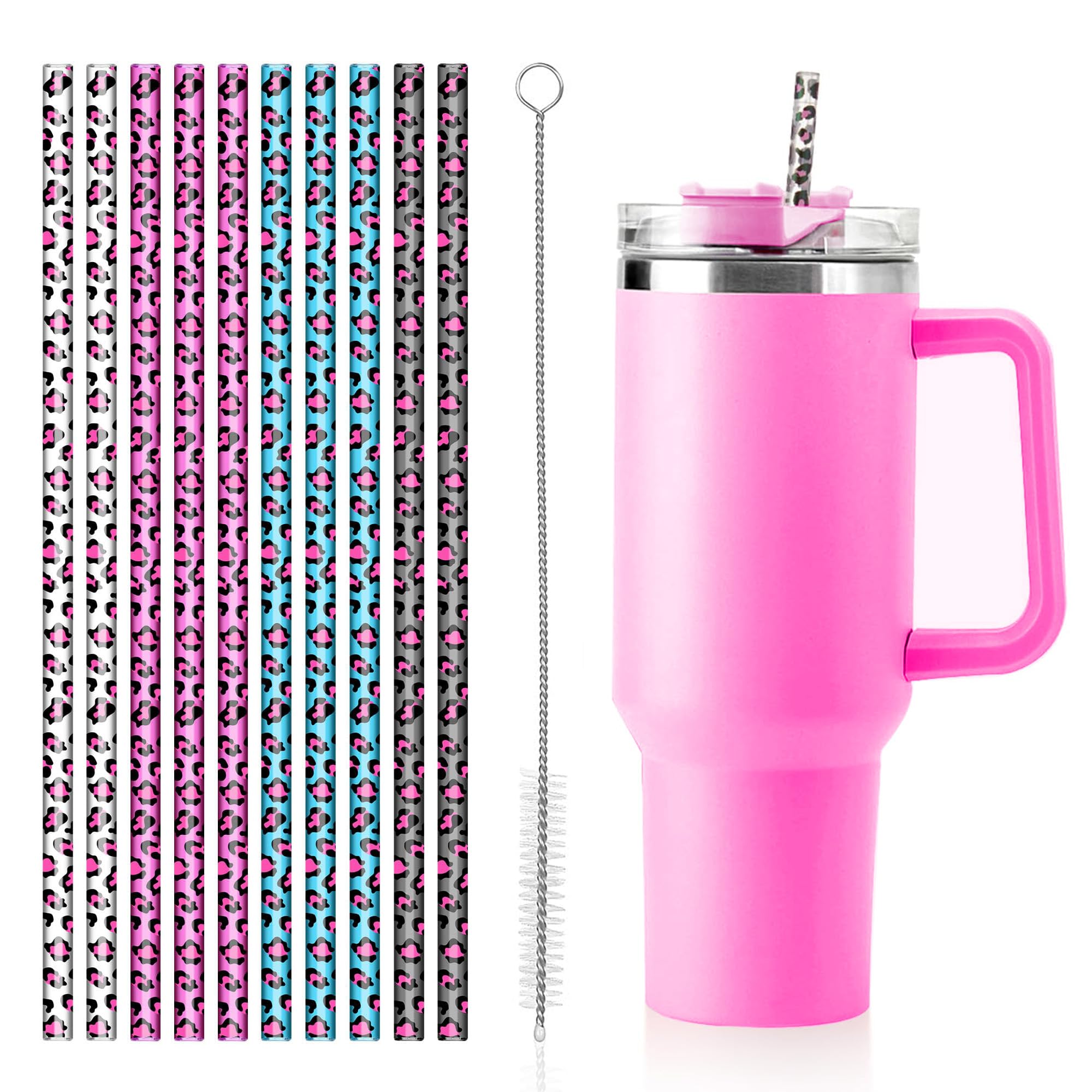 Replacement Straw for Stanley Cup 40 oz 30 oz, 12 Inch Reusable Extra Long Plastic Straws, 10 Pack with Cleaning Brush, Compatible with Stanley Cup Accessories – Leopard