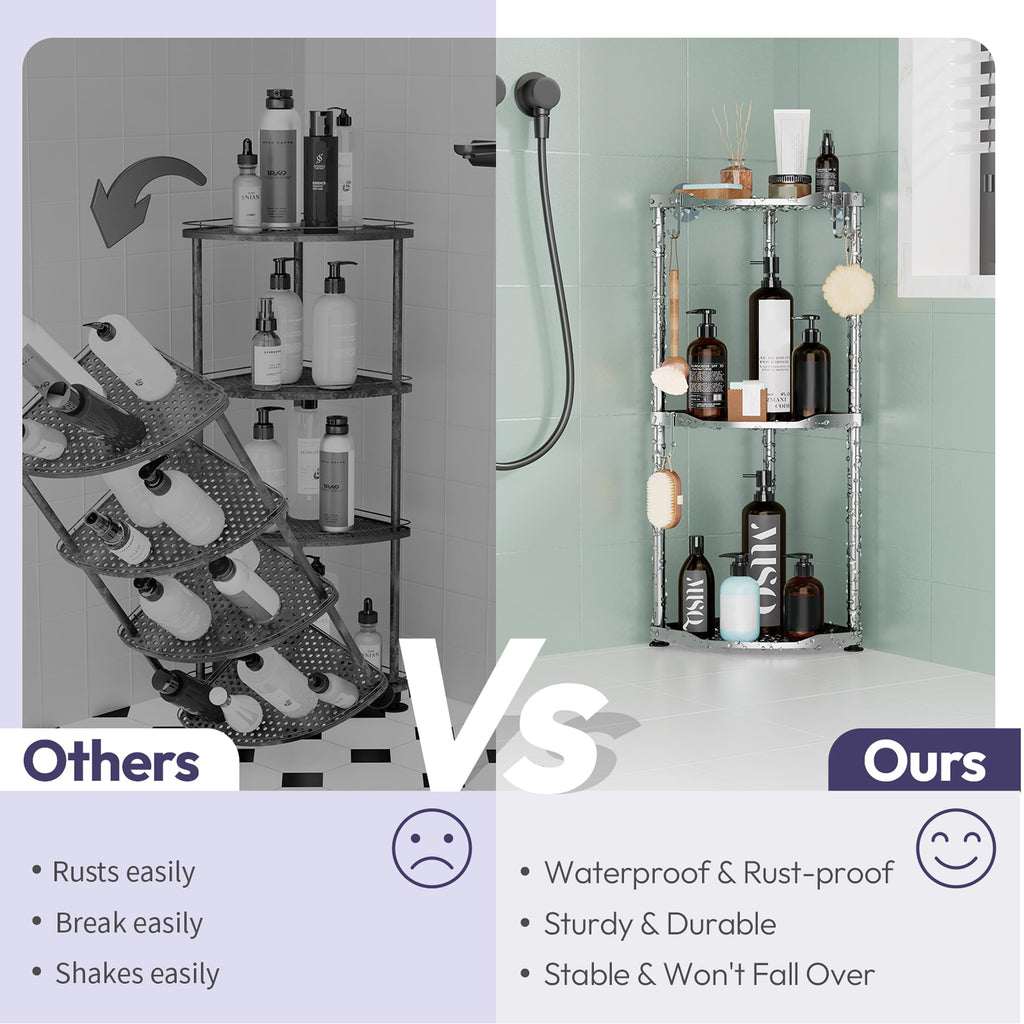 SWTYMIKI Corner Shower Caddy Standing - 3 Tier Stainless Steel Shower Organizer Stand, Large Capacity Floor Shelf with 4 Hooks, Rustproof Bathroom Storage Rack,Silver