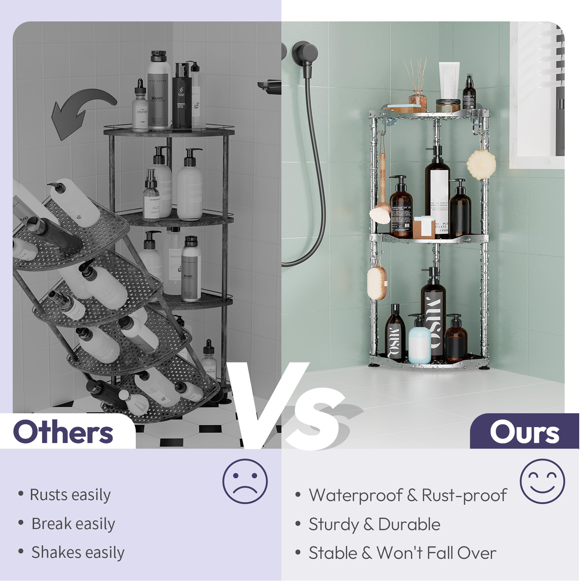 SWTYMIKI Corner Shower Caddy Standing - 3 Tier Stainless Steel Shower Organizer Stand, Large Capacity Floor Shelf with 4 Hooks, Rustproof Bathroom Storage Rack,Silver