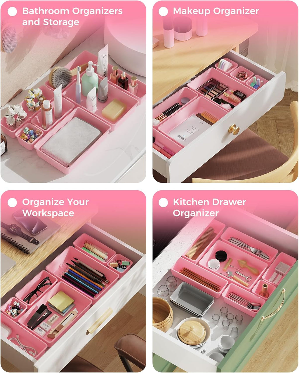BiuLeon 25 PCS Plastic Drawer Organizers Set - Versatile Makeup & Vanity Storage | Pink, 4 Sizes