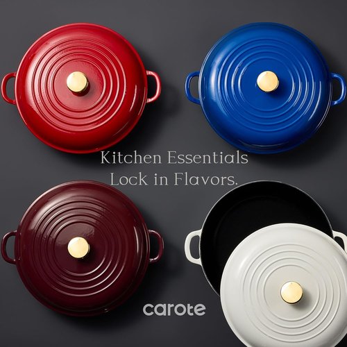 CAROTE Enameled Cast Iron Braiser Pan - 3.4QT Non-Toxic Dutch Oven with Lid & Dual Handles | White