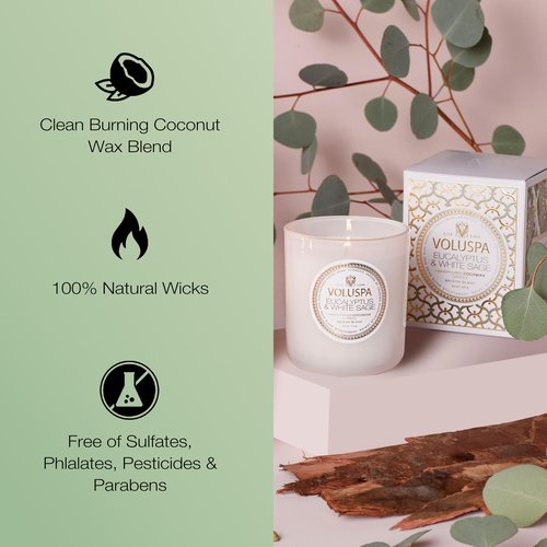 Voluspa Eucalyptus & White Sage, Classic Boxed Candle, 9.5 oz, 60 Hour Burn Time, Coconut Wax for Clean Burning, Handcrafted in the USA