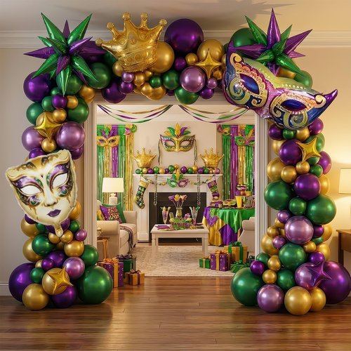 Mardi Gras party Decorations with Purple Green Gold Balloon Garland Arch Kit & large Star Masquerade Mardi Mask Crown foil Balloons for Birthday Masquerade fat Tuesday Theme party Decorations