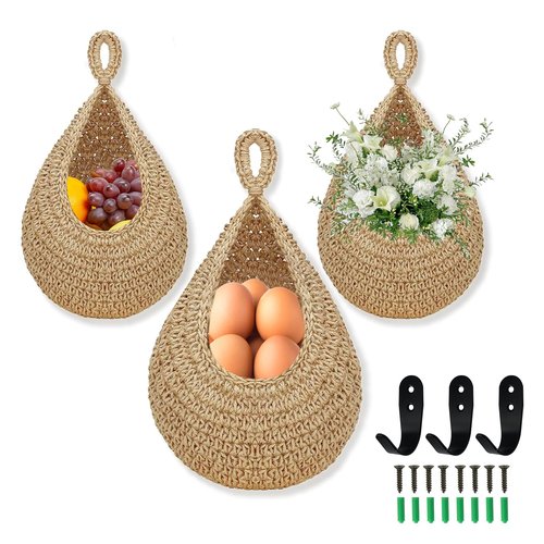 Hanging Fruit Basket for Kitchen, 3 Pack Wall Hanging Fruit Baskets with 3 Hooks, Boho Hanging Wall Basket, Hanging Kitchen Baskets for Fruits, Vegetables and Onion Storage, Linen