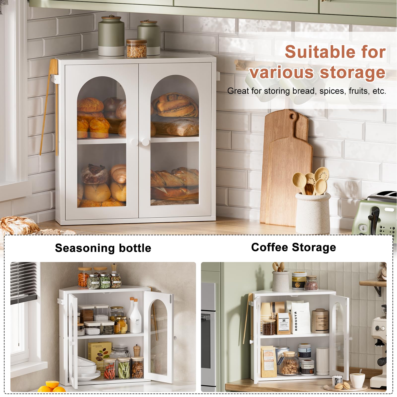WOWLIVE Corner Bread Box for Kitchen Countertop, 2 Tier Bamboo Bread Storage Container for Homemade Bread with Clear Acrylic Door Panel, Bread Bin Farmhouse Breadbox Organizer (White, Extra Large)