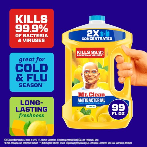 Mr. Clean Antibacterial All-Purpose Cleaner - Multi-Surface Floor & Bathroom Cleaner, Lemon, 99oz