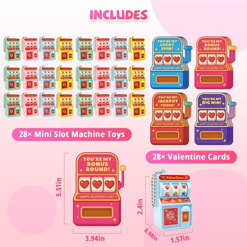 Gocozer Valentines Day Cards for Kids School – 28 Pack Mini Slot Machine Toys with Valentines Greeting Cards, Classroom Exchange Valentines Gifts, Bulk Set for School Valentines Party
